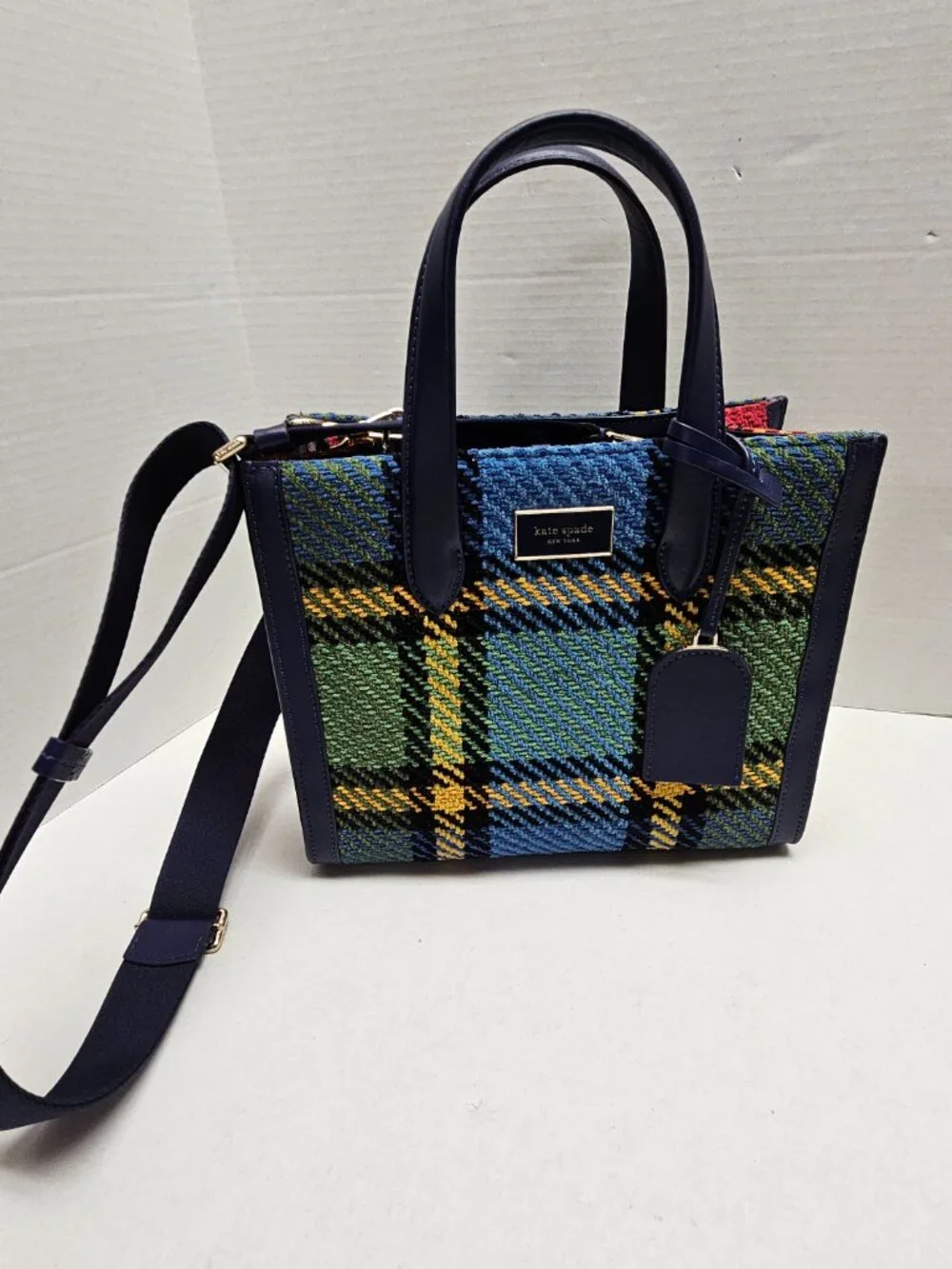 Kate Spade Manhattan Grand Plaid Tweed Small Tote Bag Adjustable Strap Handles